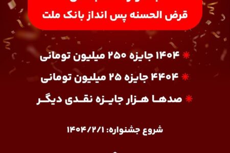 آغاز جشنواره حساب های قرض الحسنه پس انداز بانک ملت/ ۱۴۰۴ جایزه نقدی ۲۵۰ میلیون تومانی به همراه هزاران جایزه نقدی دیگر